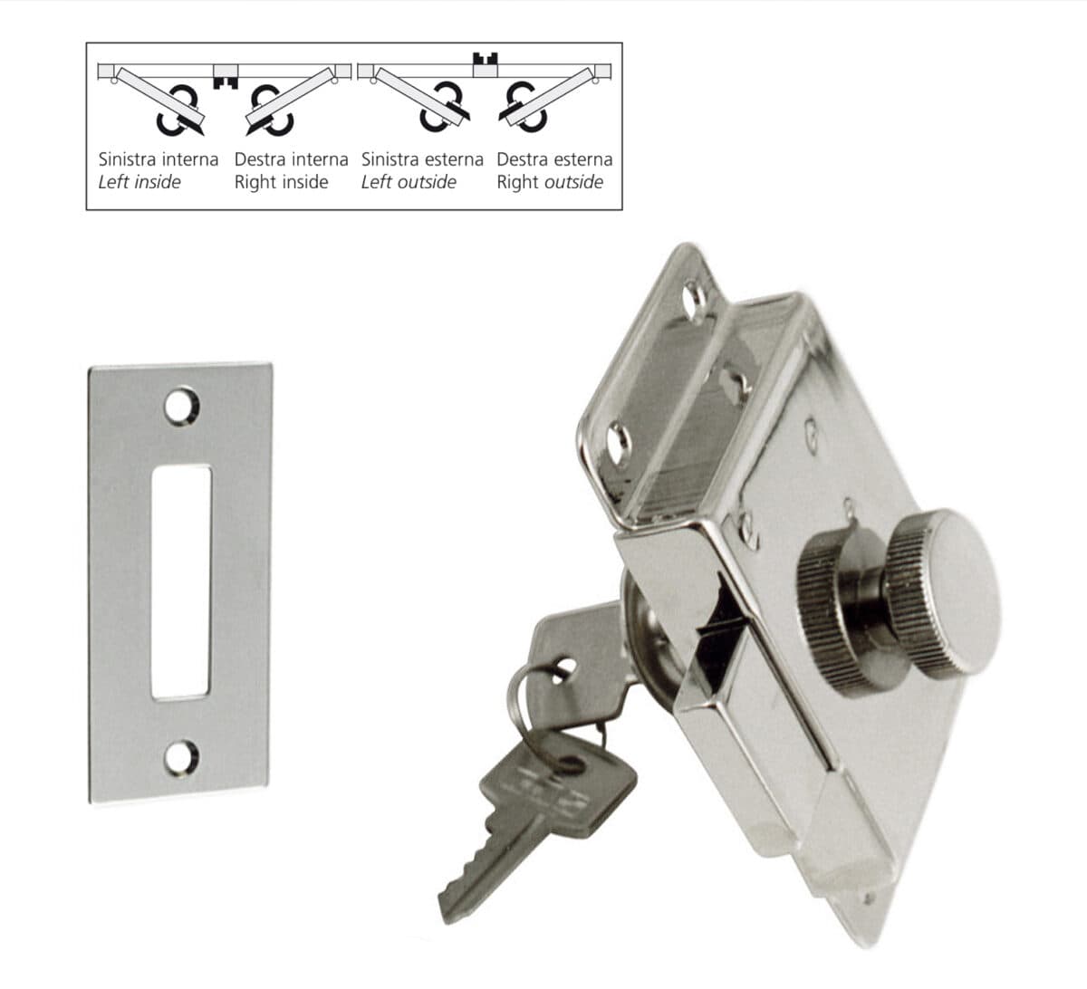 Lock with 2 trip bolts, knurled knob, security cylinder with 2 keys and striker - Image 1
