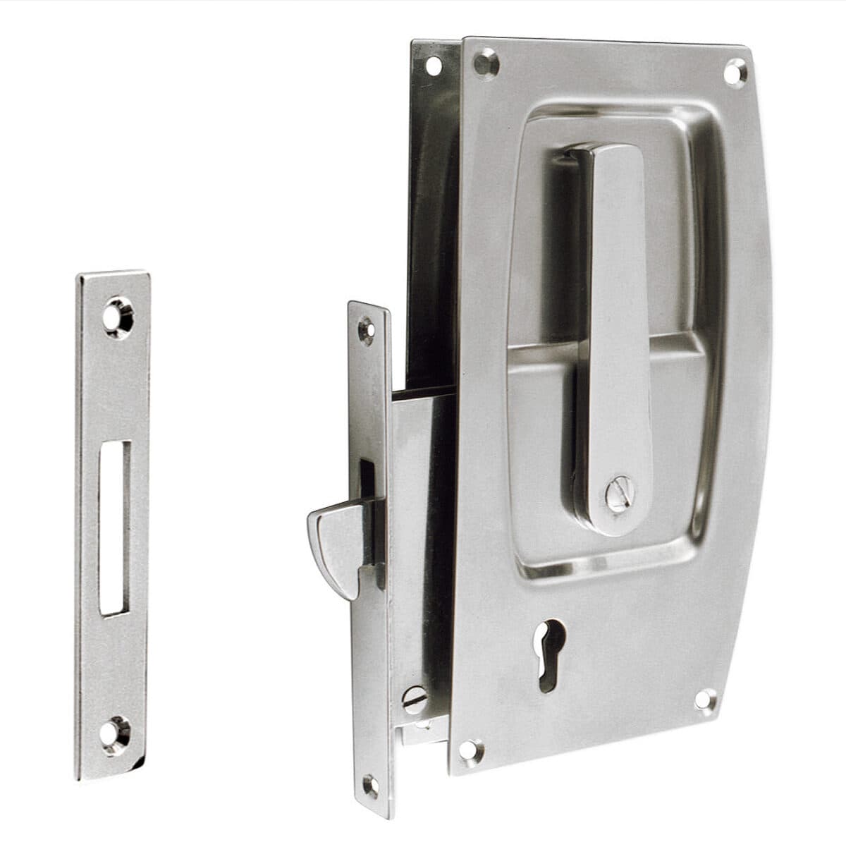 Lockset with st. st. escutcheons and flush handles, striking plate and 2 keys - Image 1