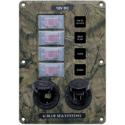 Water-Resistant Circuit Breaker Switch Panel - Camo, 4 pos. + 12 Volt Socket and Dual USB Charger - Image 1