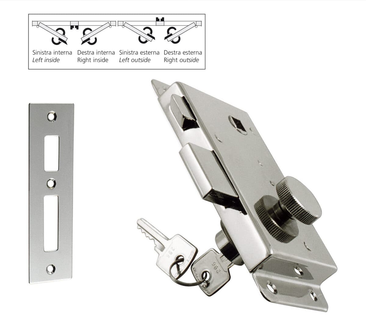 Lock with 2 trip bolts, knurled knob, security cylinder with 2 keys and striker - Image 1