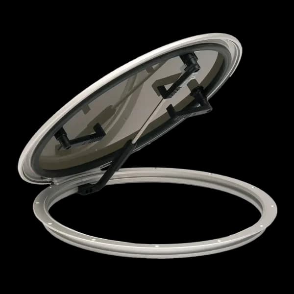 Bomar A&P Series Low Profile 20 5/16″ Dia Round Extruded Aluminum Hatch - Color: White | Lens Color: Smoked | Hinge Type: External Aluminum - Image 1
