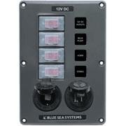 Water-Resistant Circuit Breaker Switch Panel - Gray, 4 pos. + 12 Volt Socket and Dual USB Charger - Image 1