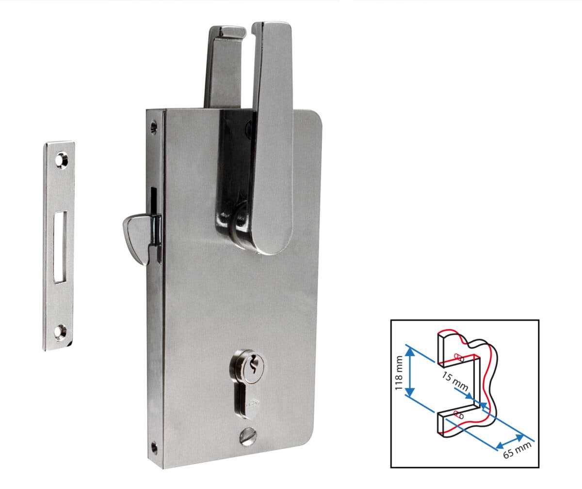 Lockset with striking plate, st. st. plates; thickness 15 mm - Image 1
