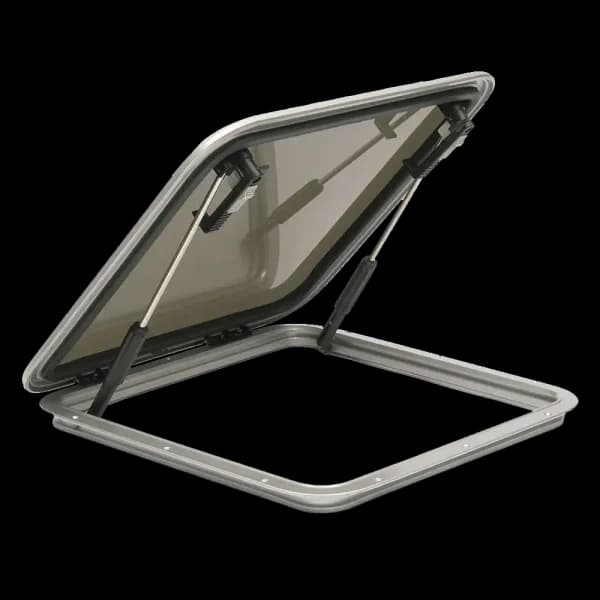Bomar A&P Series Low Profile 15 3/8″ x 20 7/16″ Rectangle Extruded Aluminum Hatch - Color: White | Lens Color: Smoked | Hinge Type: External Aluminum - Image 1